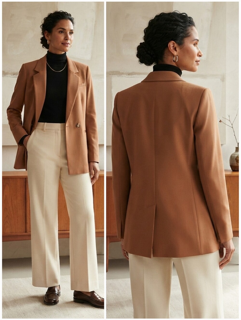 NWOT RW&CO. Caramel Brown Long Line Double Breasted Blazer Size 14 Contemporary